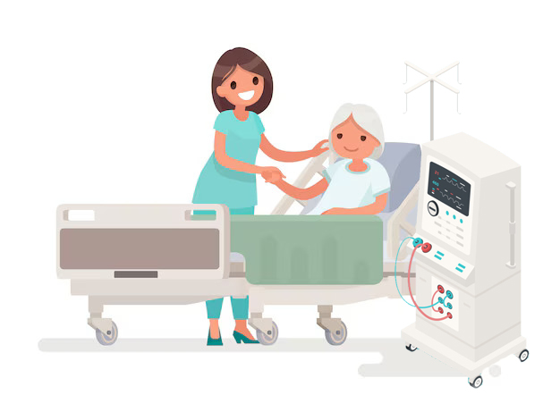 Child-friendly dialysis room with caring medical staff